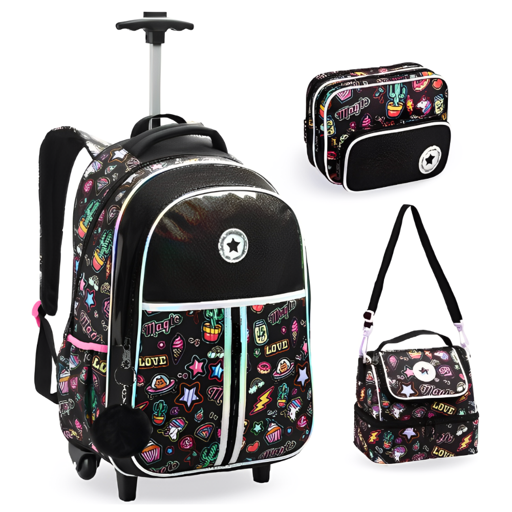 Kit Mochila Rodinhas + Lancheira Térmica + Estojo Triplo Teen Just