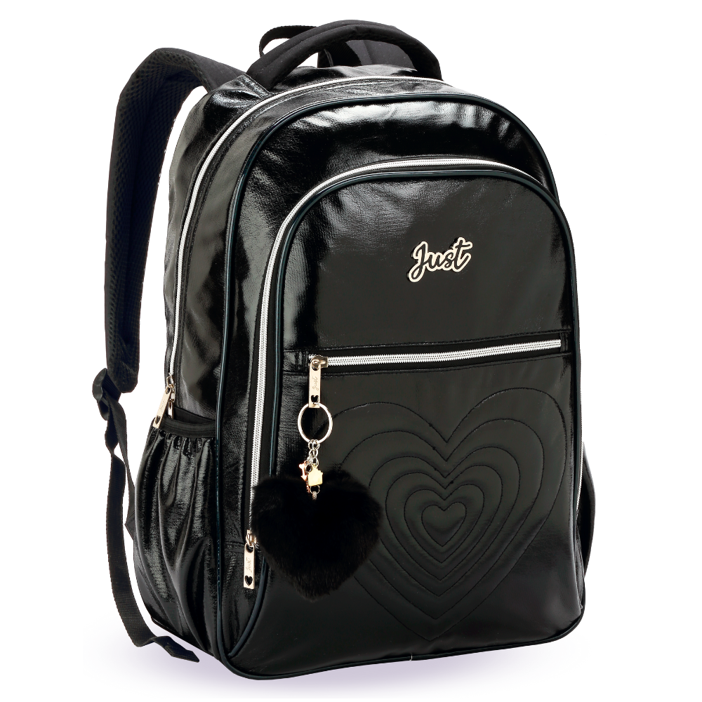 Mochila Costas Love Just Coração Pompom Chaveiro DENLEX Preto