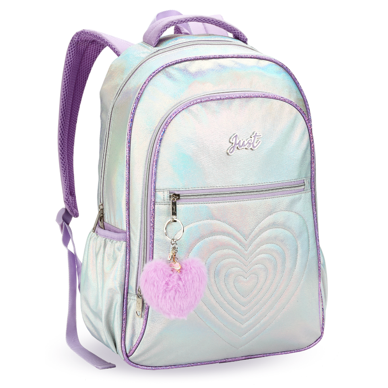 Mochila Costas Love Just Coração Pompom Chaveiro DENLEX Lilás
