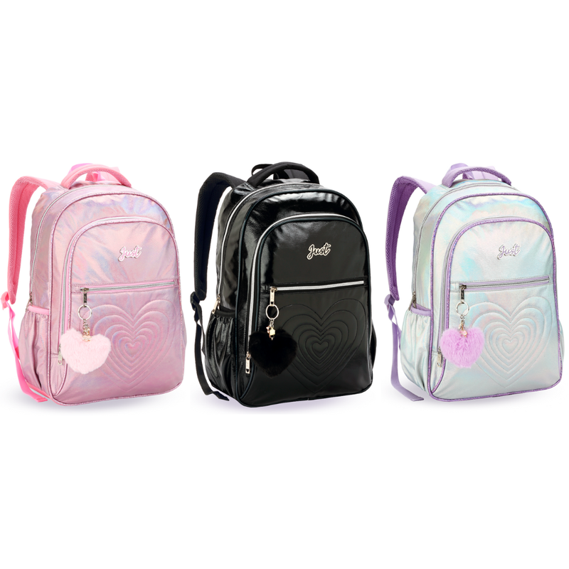 Mochila Costas Love Just Coração Pompom Chaveiro DENLEX Lilás