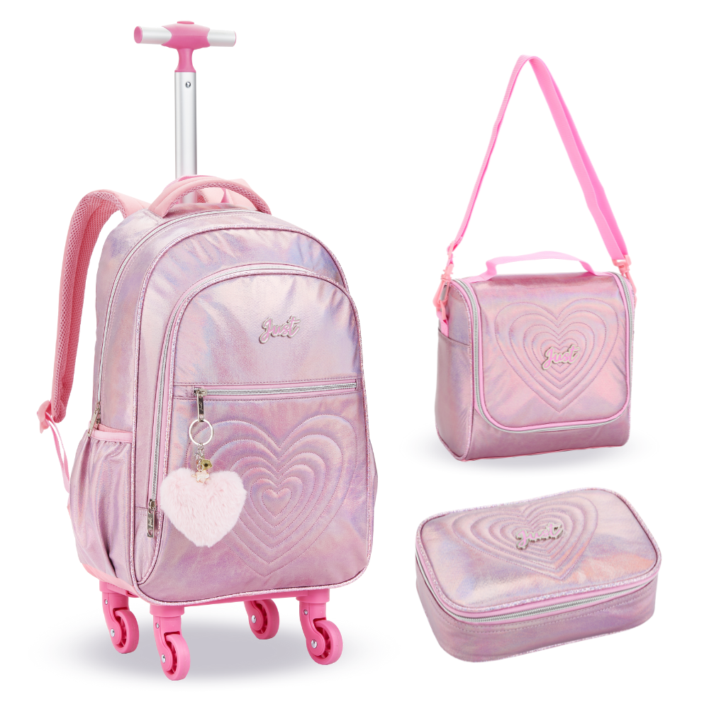 Kit Mochila de Rodinhas + Lancheira + Estojo Love Just DENLEX Rosa