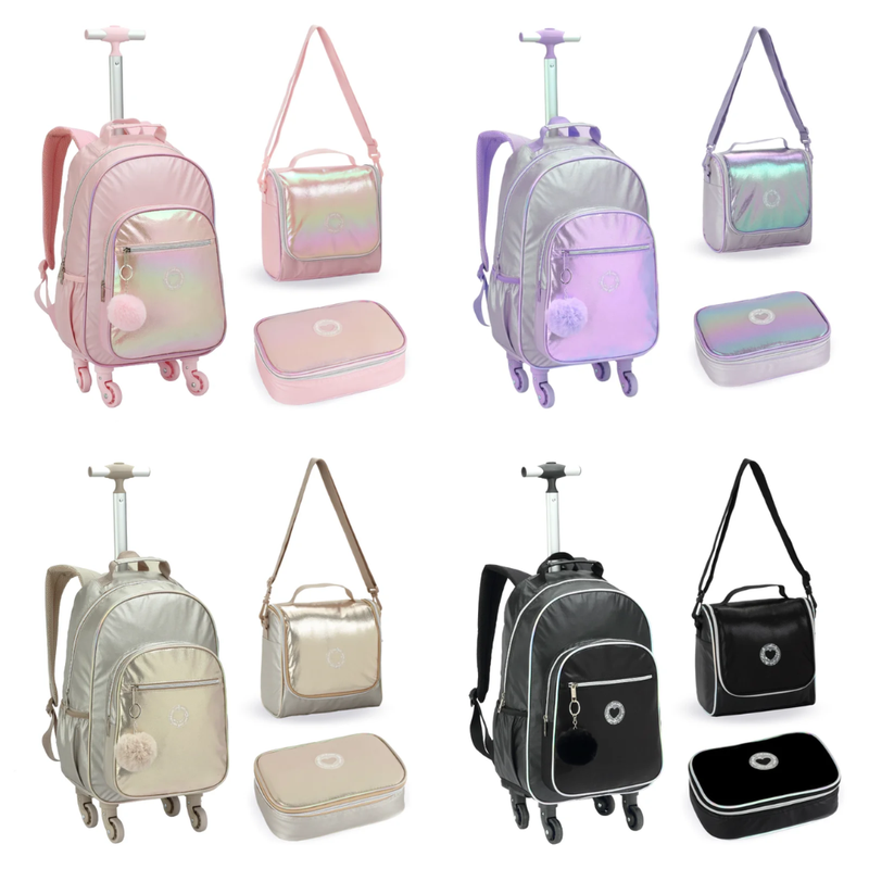 Kit Mochila Rodinhas + Lancheira + Estojo Just Love DENLEX Preta