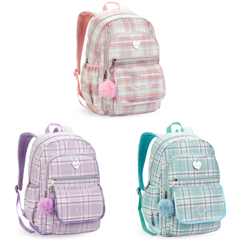 Mochila de Costas Feminina Luxo Xadrez Love Just DENLEX com Pompom