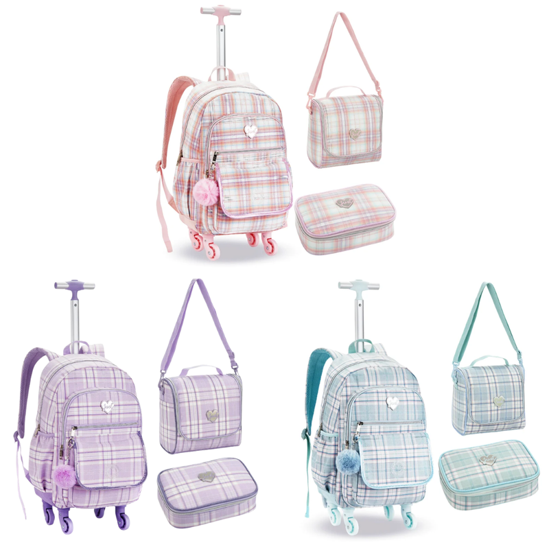 Kit Escolar Just Love Denlex Verde Água | Mochila Rodinhas Xadrez