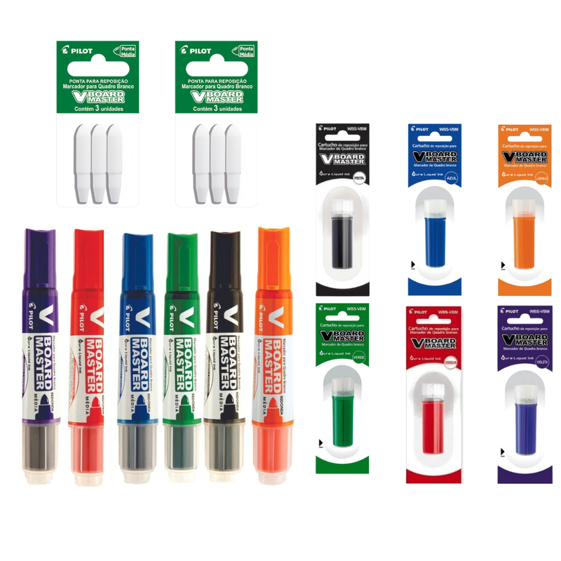 Kit 6 Marcadores Quadro Branco V-Board Master Pilot com 6 Refis